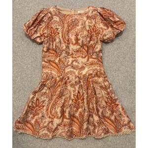 NEW TCEC Avara Coley Dress Paisley Puff Sleeve Mini Pom Pom Trim Womens L